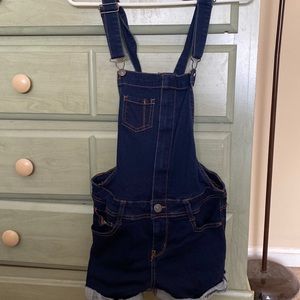 dark blue jean overall shorts